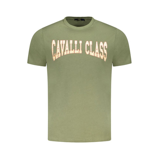 Front view of Cavalli Class Green Cotton Men T-Shirt with logo print