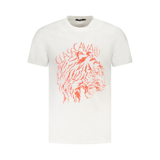 Cavalli Class White Cotton Men T-Shirt featuring distinctive print and logo for casual elegance and fashion-forward style.