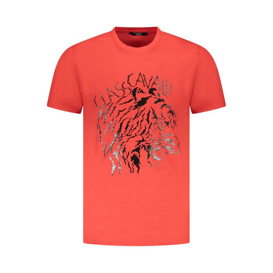 Cavalli Class Red Cotton Men T-Shirt with bold logo design on front, high fashion style, crew-neck, short sleeves, and premium cotton fabric.