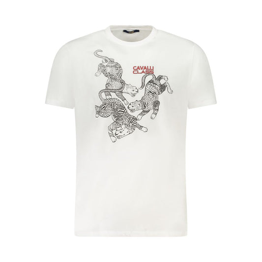 Cavalli Class White Cotton Men T-Shirt with bold print and iconic logo, short sleeve, crew neck, stylish wardrobe essential.