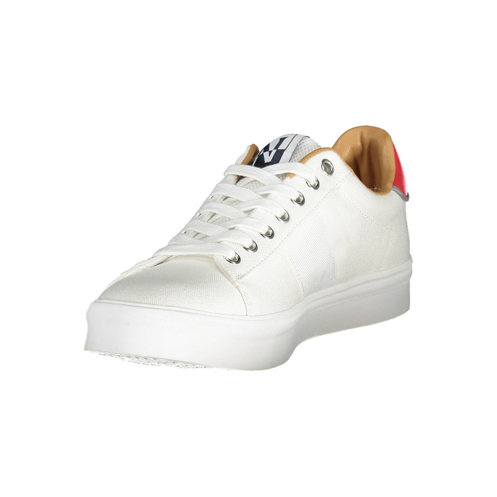 Napapijri White Polyester Men Sneaker with laces and logo, showcasing stylish design and craftsmanship. Made in China, color white.