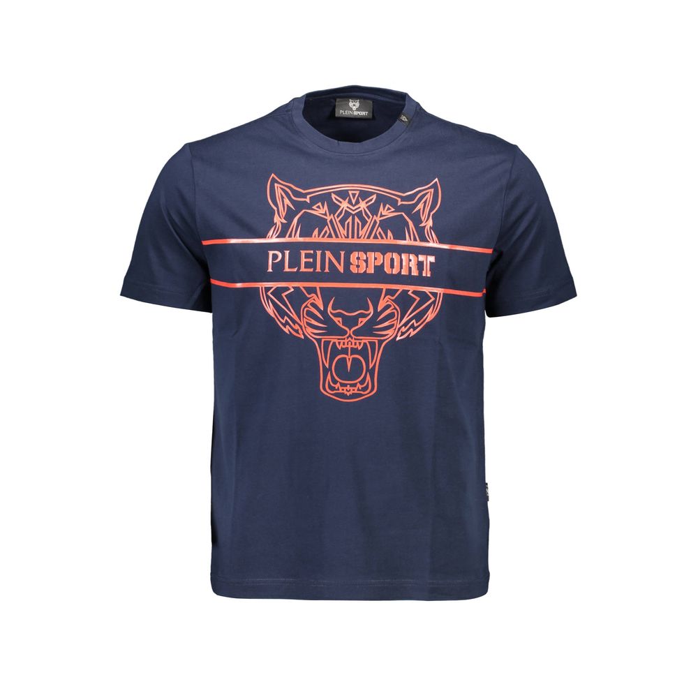 Plein Sport Blue Cotton Men T-Shirt featuring bold logo design and contrasting details for a stylish athletic look.