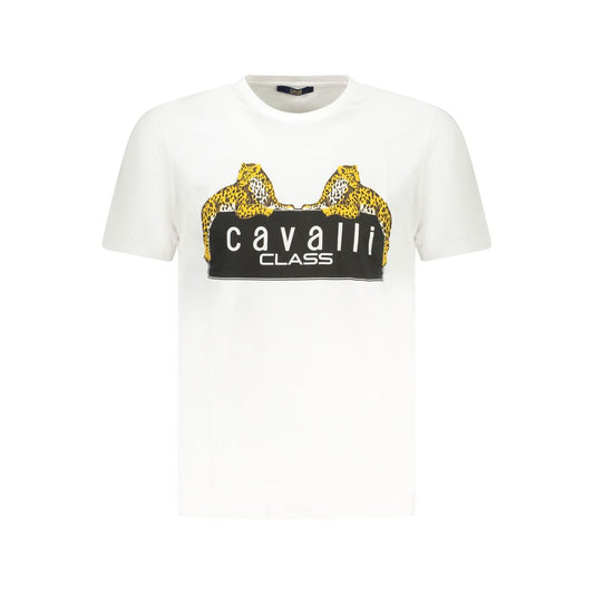 Cavalli Class White Cotton T-Shirt with short sleeves, crew neck, and leopard print logo design.