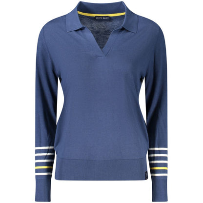 North Sails Blue Cotton Women Sweater with V-neck and logo, featuring elegant contrasting details for a sophisticated casual look.