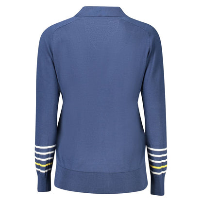 Back view of North Sails Blue Cotton Women Sweater with striped sleeves and sleek design, showcasing premium fashion and elegance.