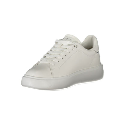 Blauer White Leather Women Sneaker with silver and rhinestone accents, removable insole, and Blauer logo for urban chic style.