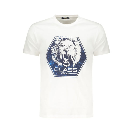 Alt Tag: Cavalli Class White Cotton Men T-Shirt with bold lion print and brand logo, perfect for fashion-forward trendsetters.