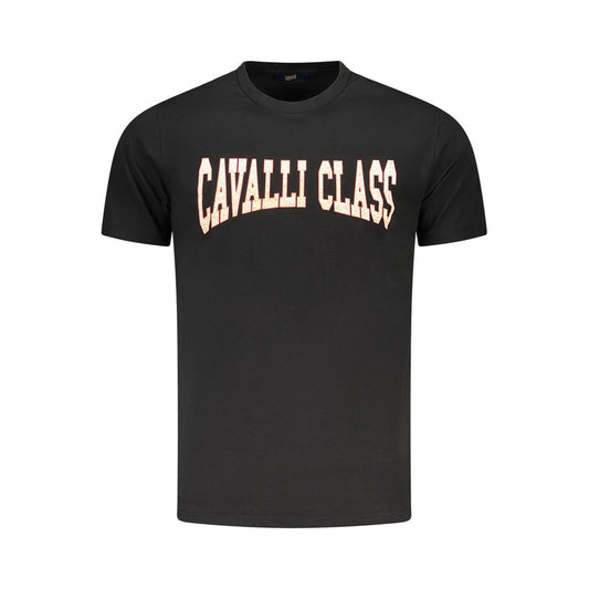 Cavalli Class Black Cotton Men T-Shirt with logo print, premium cotton, contemporary luxury, sleek design, ideal for fashion-forward wardrobes