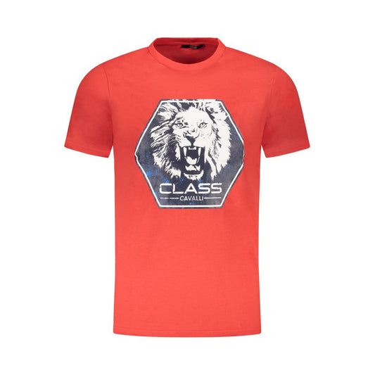 Cavalli Class Red Cotton Men T-Shirt with lion logo on front, showcasing bold style and contemporary chic.