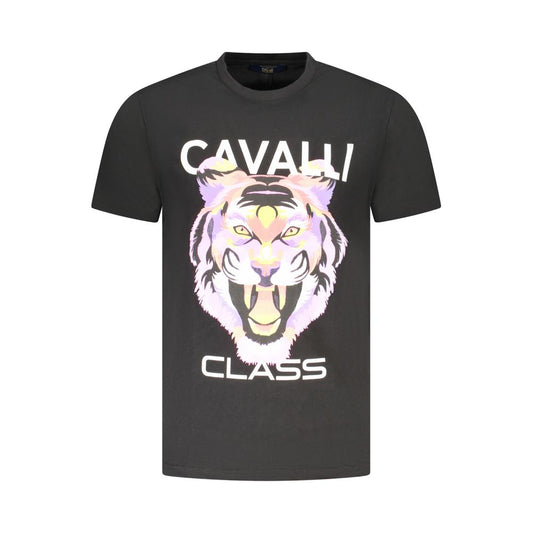 Cavalli Class Black Cotton Men T-Shirt featuring bold tiger print and logo, showcasing modern style and luxury fashion.