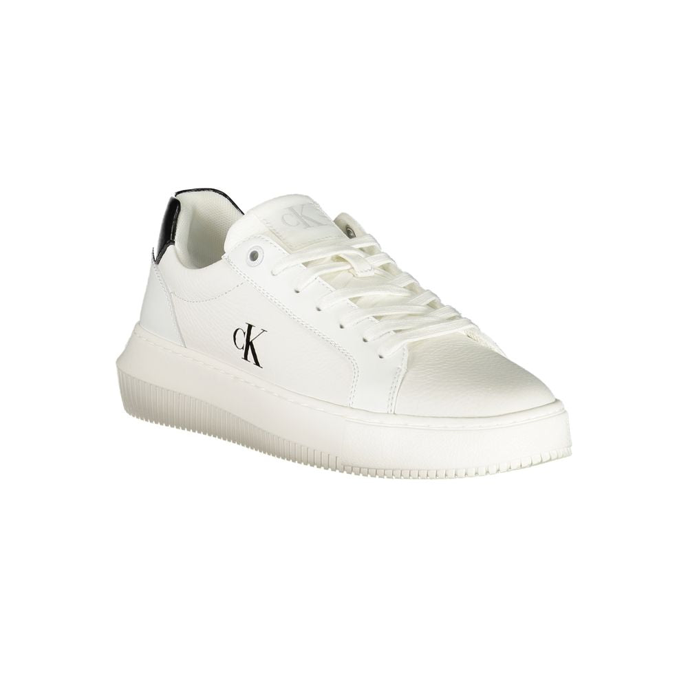 Calvin Klein White Leather Women Sneaker with black details, featuring removable footbed and logo for style-conscious trendsetters.