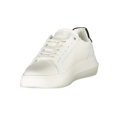 Calvin Klein White Leather Women Sneaker with black accents and removable footbed, featuring iconic brand logo, perfect for trendsetters.