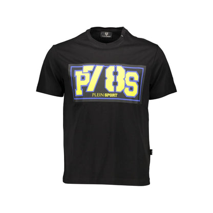 Plein Sport Black Cotton Men T-Shirt with vibrant contrasting details and bold print, showcasing athletic comfort and style.