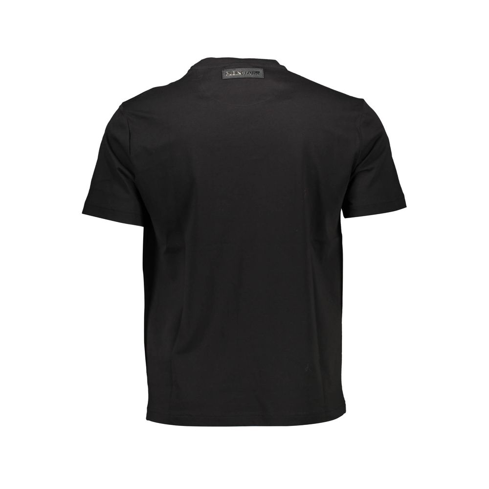 Plein Sport Black Cotton Men T-Shirt with crew neck and short sleeves, featuring vibrant contrasting details and bold prints, rear view.