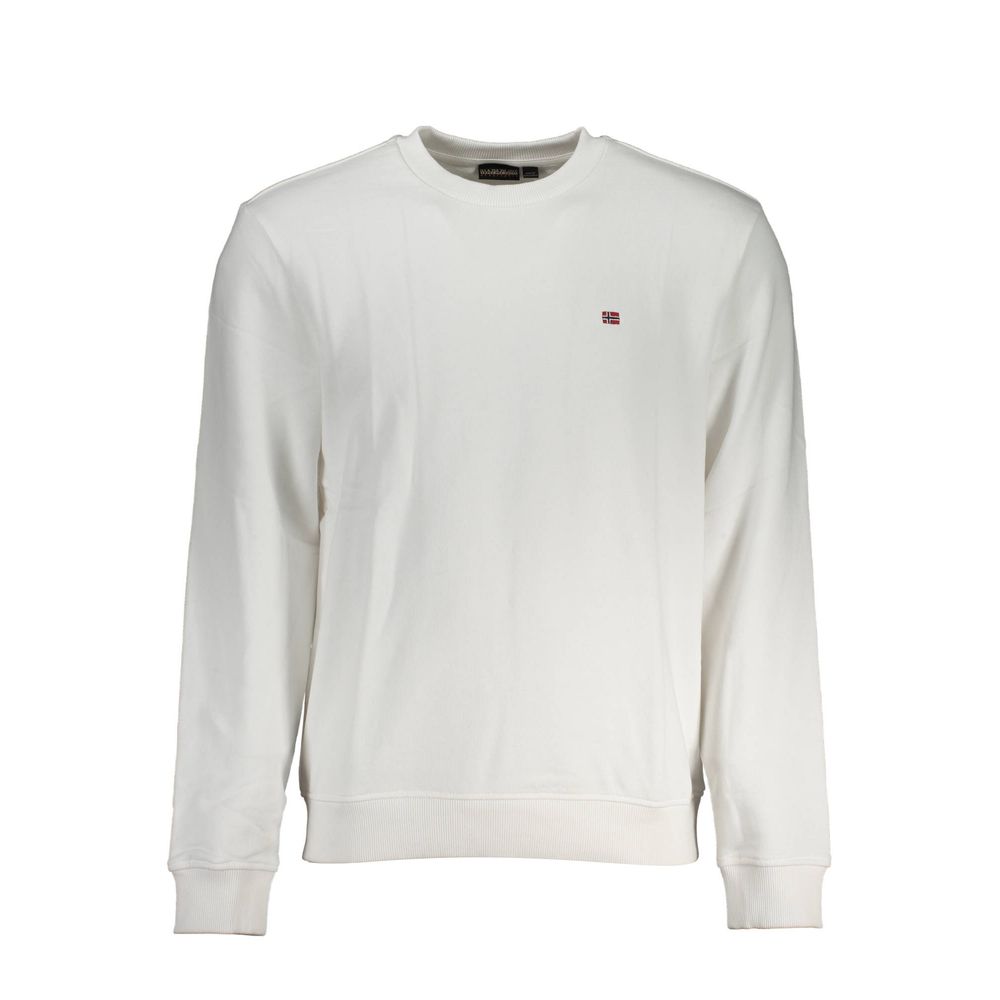 Napapijri White Cotton Men Sweater with crew neck and iconic embroidery logo, offering a blend of comfort and style for everyday wear.