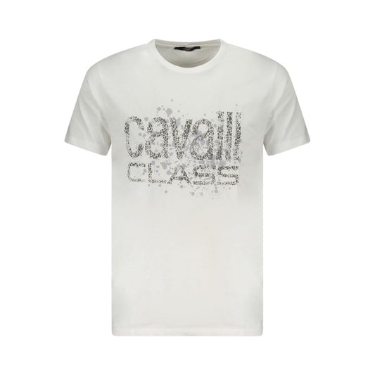 Cavalli Class White Cotton Men T-Shirt with striking print and iconic logo, crafted for timeless sophistication and Italian luxury.