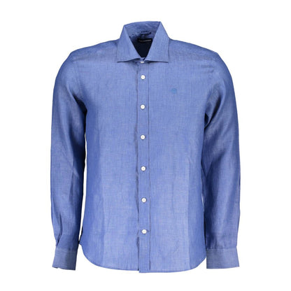 North Sails Blue Linen Men Shirt, long sleeve with Italian collar and button cuffs, featuring subtle embroidery and iconic logo.