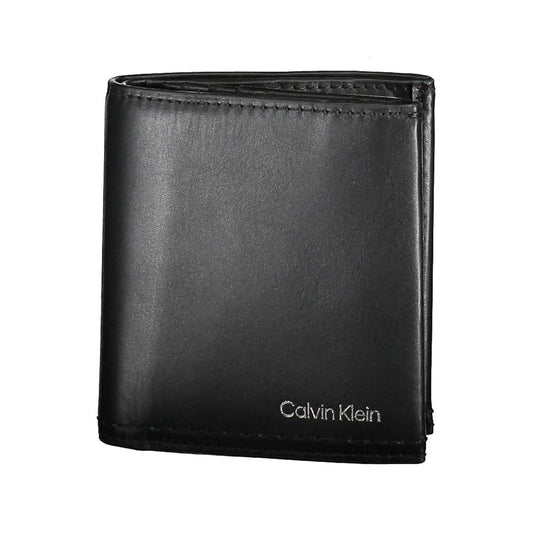 Calvin Klein Black Leather Men Wallet with RFID blocking, minimalist design, spacious compartments and card spaces for ultimate organization.