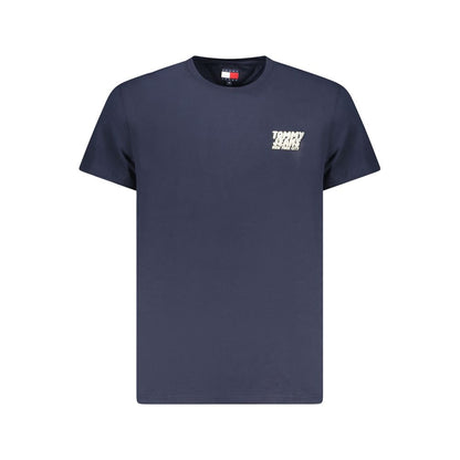 Tommy Hilfiger Blue Cotton Men T-Shirt with logo embroidery, short sleeves, sustainable regenerative cotton blend, crew neck design.