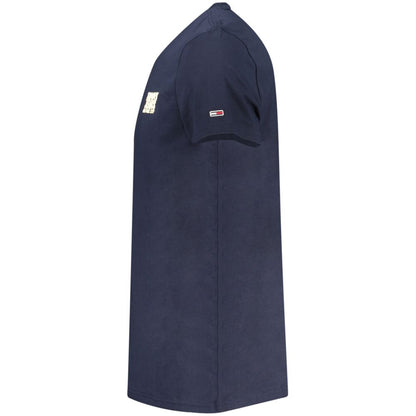 Tommy Hilfiger Blue Cotton Men T-Shirt featuring short sleeves and iconic logo embroidery, crafted from 95% regenerative cotton for style and comfort.
