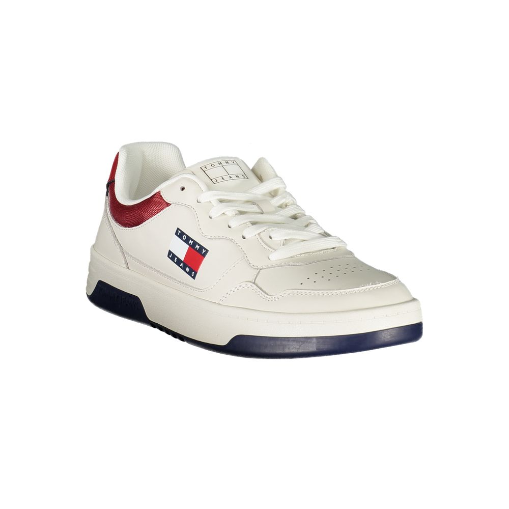 Tommy Hilfiger White Leather Men Sneaker with red accents and logo detailing, offering style and comfort with a removable insole.