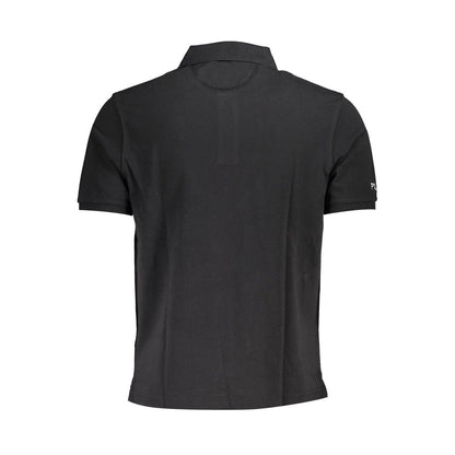 Back view of La Martina Black Cotton Men Polo Shirt showcasing sleek black hue and short sleeves, a modern wardrobe essential.