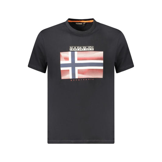 Napapijri Black Cotton Men T-Shirt with crew neck and flag print, made from 100% organic cotton for stylish eco-friendly casual wear.
