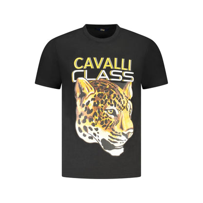 Cavalli Class Black Cotton Men T-Shirt with bold logo and leopard print, short sleeves, crew neck, premium luxury attire