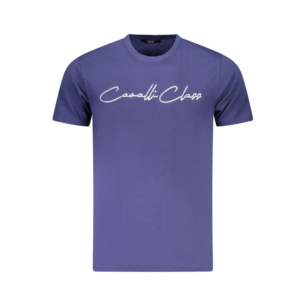 Cavalli Class Blue Cotton Men T-Shirt with bold logo, showcasing chic fashion and comfort. Short-sleeved designer wear for men.