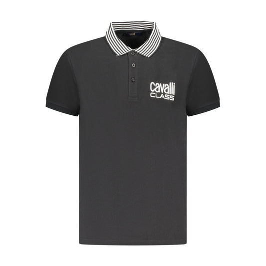 Cavalli Class Black Cotton Men Polo Shirt featuring luxury logo and contrasting collar for a sophisticated Italian look.