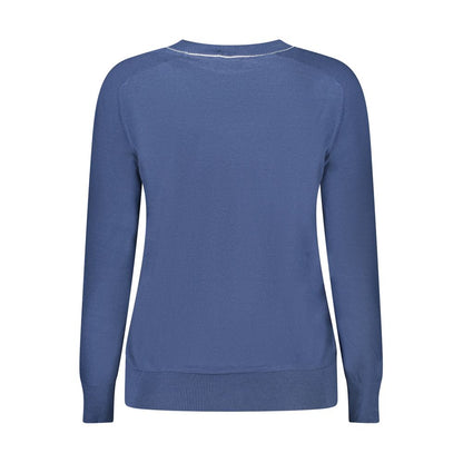 Back view of North Sails Blue Cotton Women Sweater with long sleeves and crew neck design.
