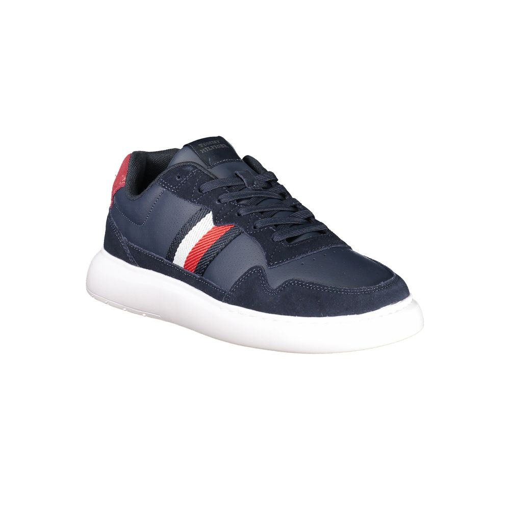 Tommy Hilfiger Blue Leather Men Sneaker with logo detailing and removable footbed for comfort and style.