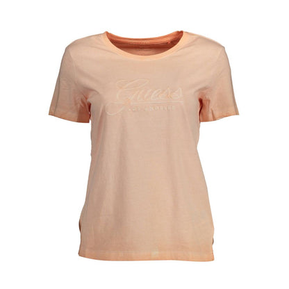 Guess Jeans Pink Cotton Women T-Shirt with embroidered logo, wide neckline, and washed-effect design for chic casual or trendy evening wear.