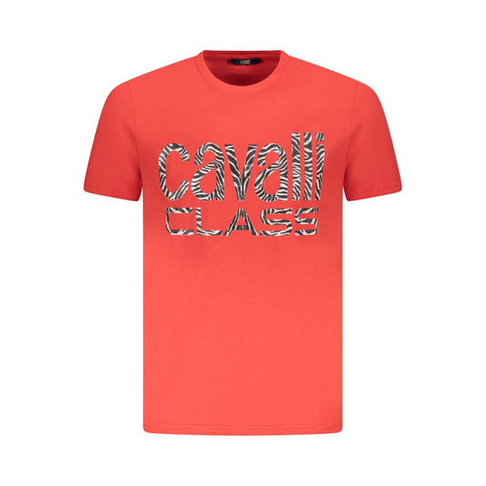 Cavalli Class Red Cotton Men T-Shirt with logo, short sleeves, and crew neck for stylish casual wear.