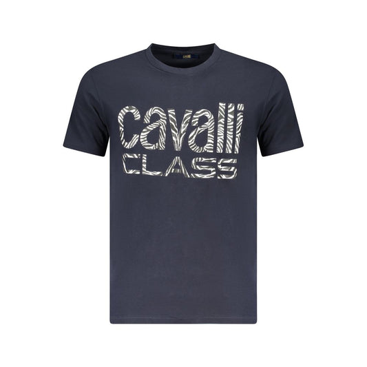 Cavalli Class Blue Cotton Men T-Shirt with bold logo, short sleeves, crew neck for luxury style.