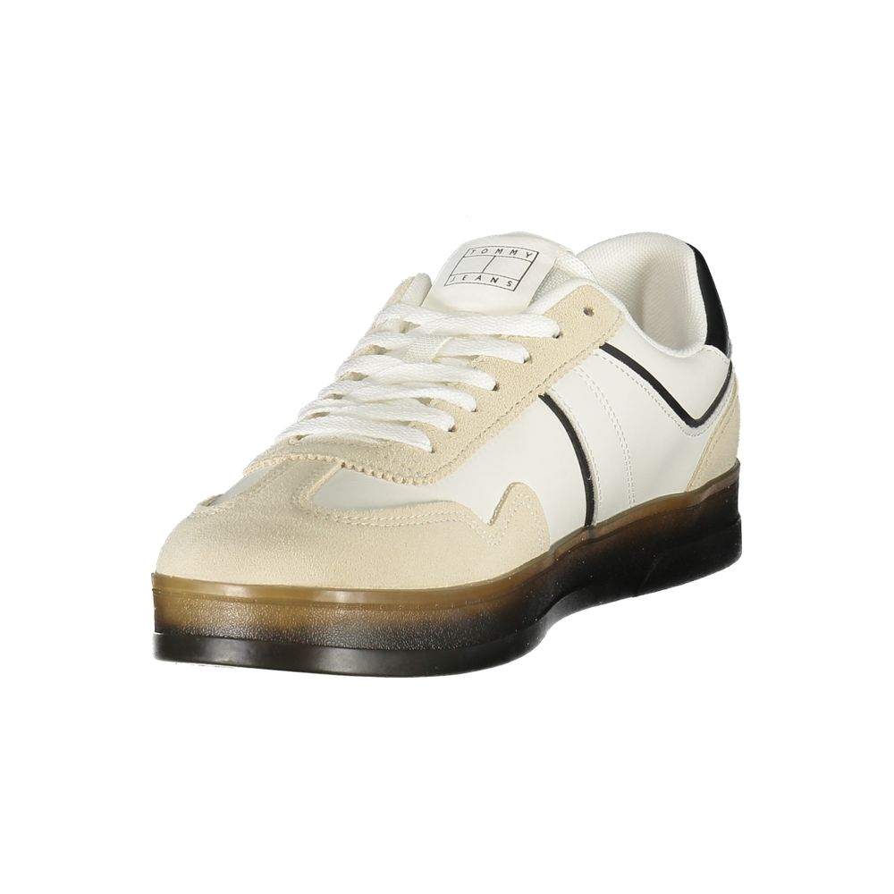 Tommy Hilfiger White Leather Men Sneaker with black accents and iconic logo, featuring removable footbeds for ultimate comfort.
