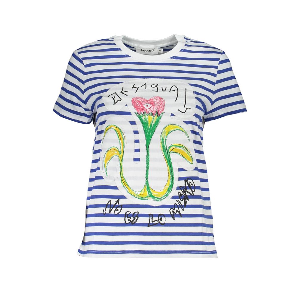 Desigual Blue Cotton Women T-Shirt with bold stripe design and floral print, featuring brand's signature logo for a unique style.