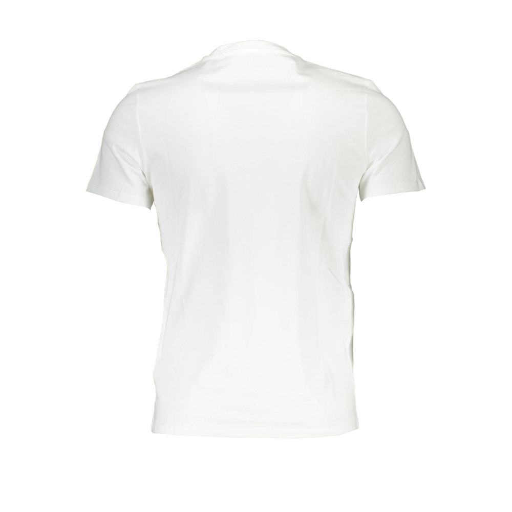 Back view of Guess Jeans White Cotton Men T-Shirt showcasing slim-fit design and simple elegance. Ideal for stylish wardrobe essentials.