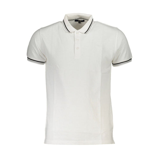 Cavalli Class White Cotton Men Polo Shirt featuring contrasting details and signature embroidery, perfect for a classy and sophisticated style.