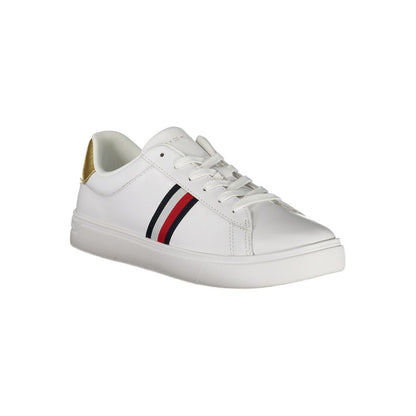 Tommy Hilfiger White Leather Women Sneaker with gold details and logo on side, showcasing luxury and style.