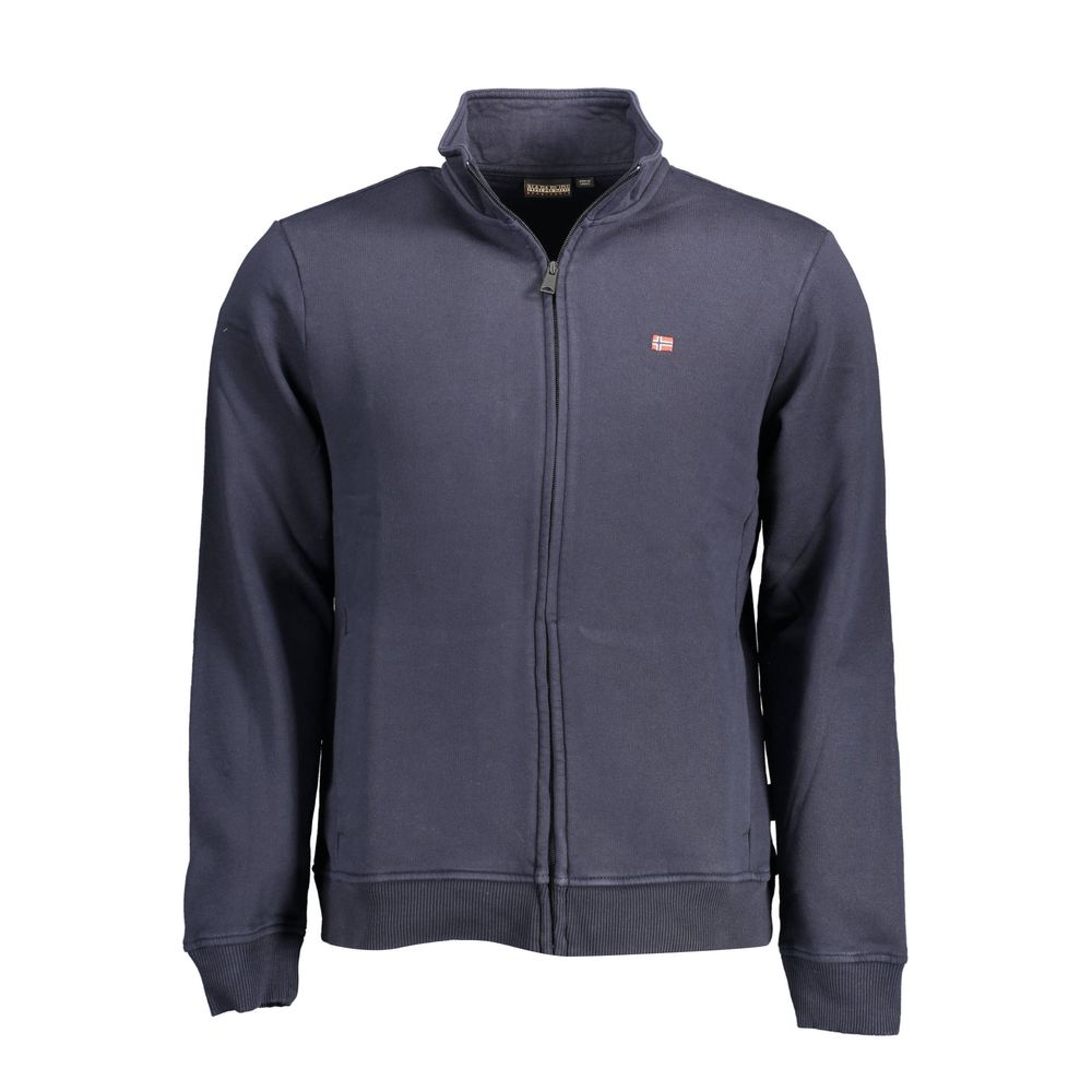 Napapijri Blue Cotton Men Sweater with embroidery and zip closure, showcasing quality craftsmanship with iconic logo.