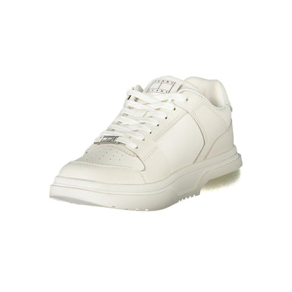 Tommy Hilfiger White Leather Women Sneaker with signature logo and contrasting details, showcasing fashion-forward design and modern sophistication.