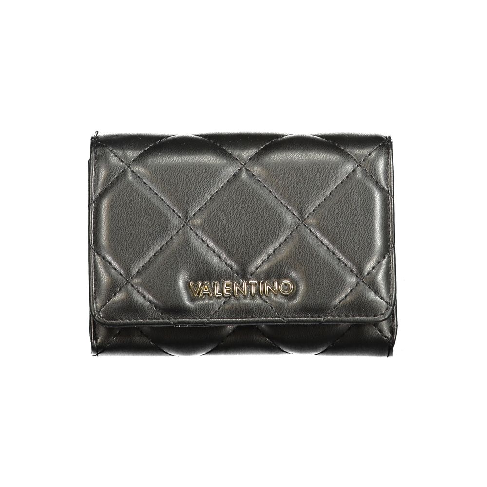Mario Valentino Black Polyethylene Wallet with 3 compartments, coin purse, card spaces, logo, and zip closure.