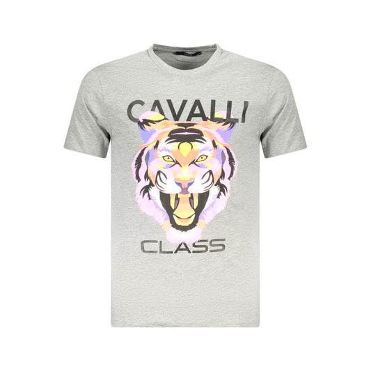 Cavalli Class Brown Cotton Men T-Shirt with bold print and logo, short-sleeve in soft cotton, casual fashion for stylish men.