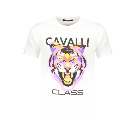 Cavalli Class White Cotton Men T-Shirt with bold graphic print and logo, premium short sleeve design, trendy luxury fashion for men.
