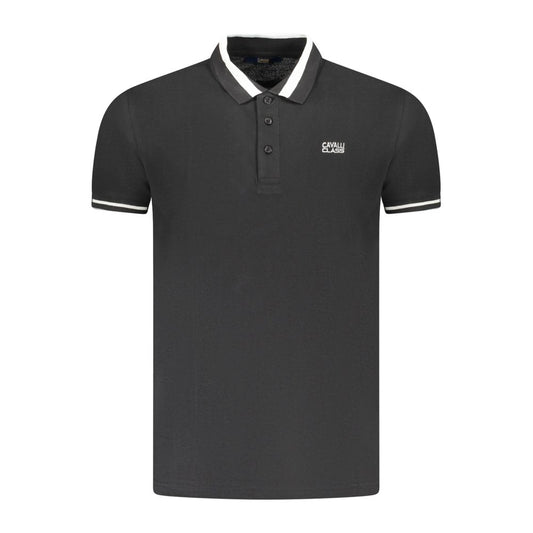 Cavalli Class Black Cotton Men Polo Shirt with contrast-detail buttons and signature embroidery, showcasing sleek sophistication and luxury style.