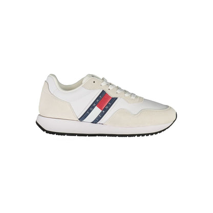 Tommy Hilfiger White Leather Men Sneaker with iconic logo and contrasting details, crafted for style and comfort.