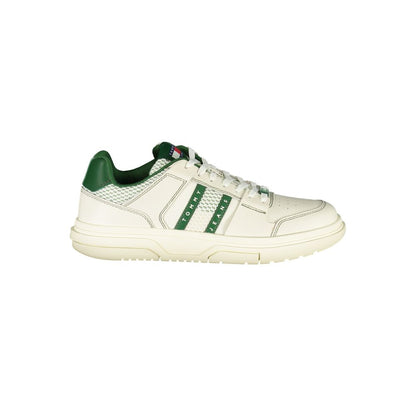 Tommy Hilfiger Green Leather Men Sneaker with white body and green accents, featuring a stylish design and comfortable removable insole.