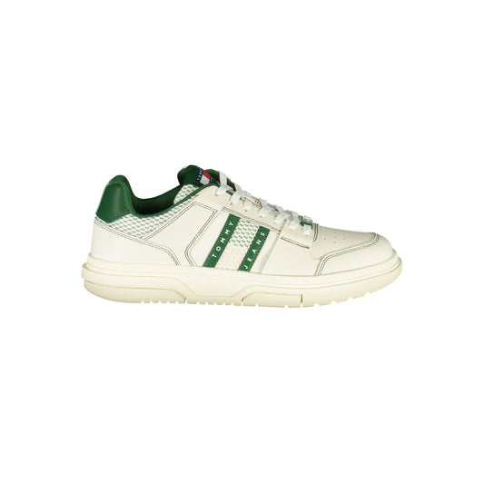 Tommy Hilfiger Green Leather Men Sneaker with white body and green accents, featuring a stylish design and comfortable removable insole.