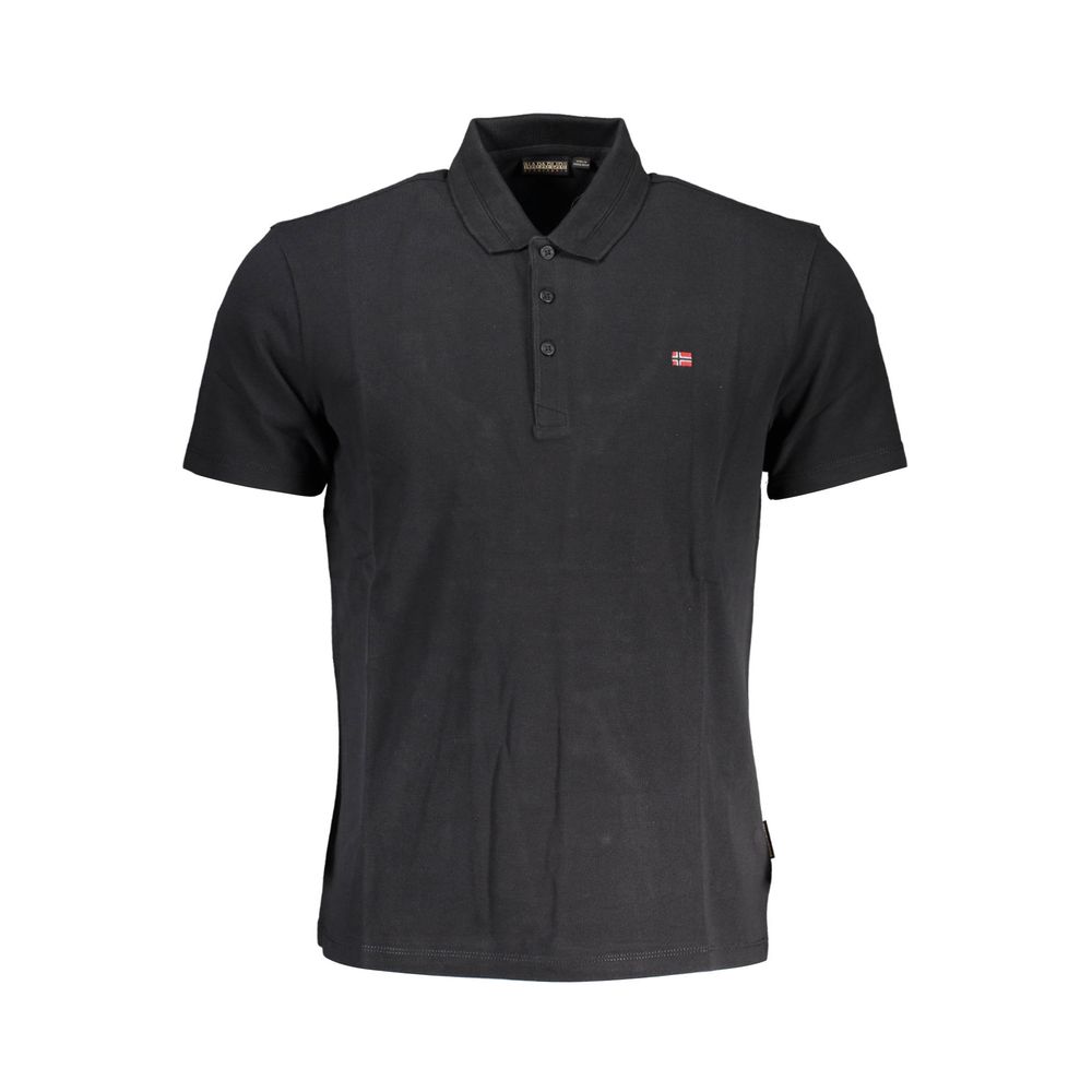 Napapijri Black Cotton Men Polo Shirt with 3-button design and embroidered logo, short sleeves, regular fit
